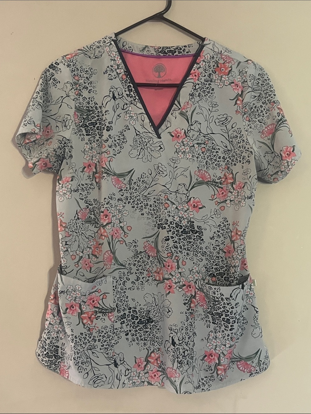 healing hands Floral V-Neck Scrub Top in Light Blue and Pink